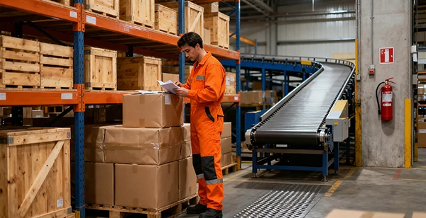 Warehouse staff inspecting goods and consolidating packages